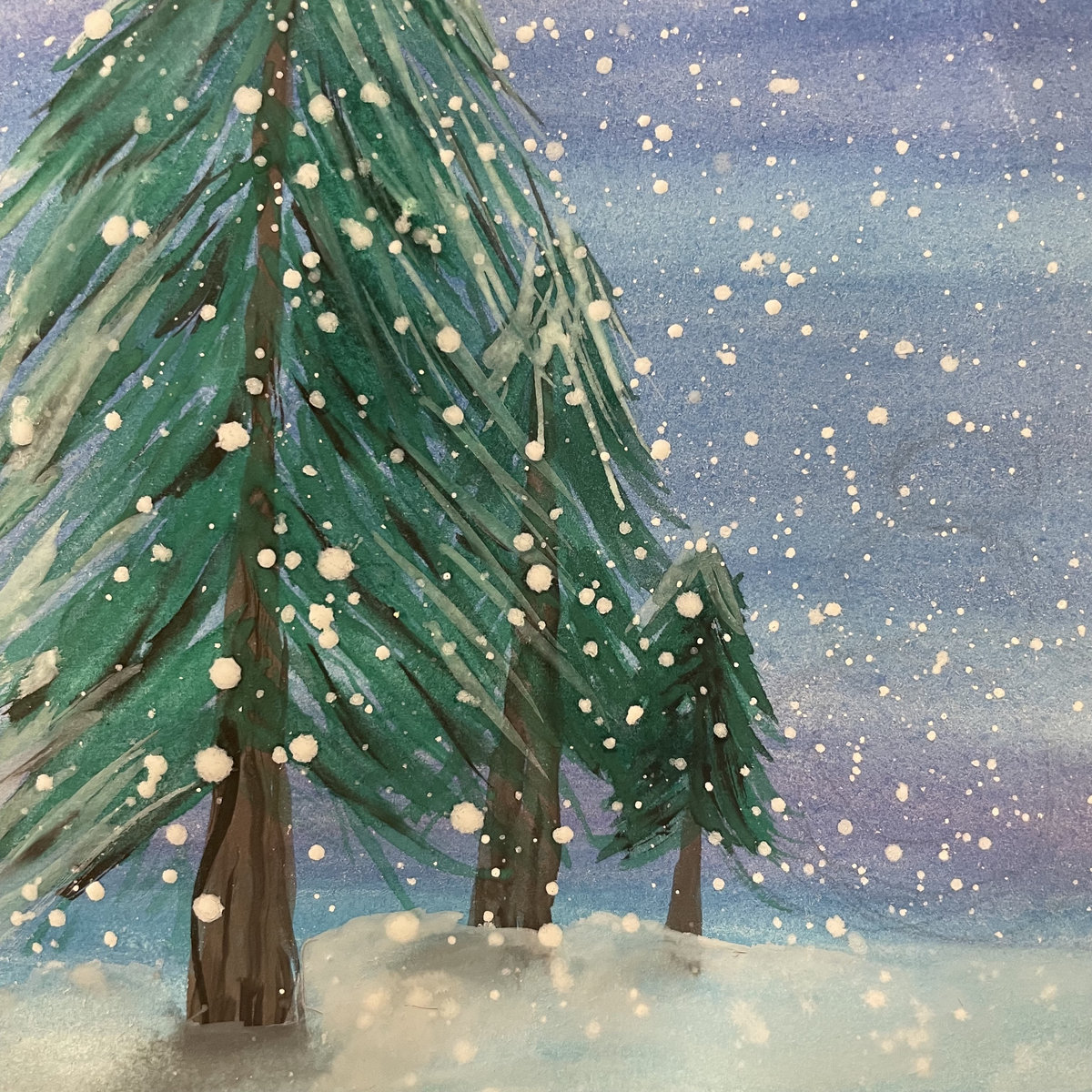 A painting of some fur trees in the snow.