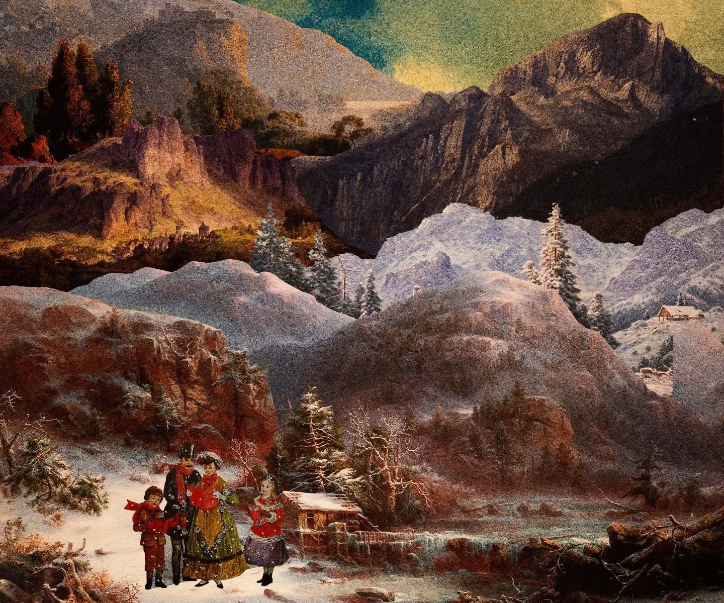 a painting of a snowy scene in the mountains