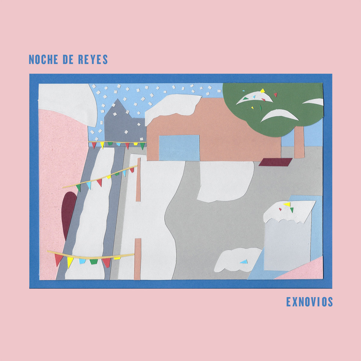 A piece of paper-cut artwork, with pieces of paper cut out to create a winter scene with a road, snow and small strings of flags crisscrossing the road.