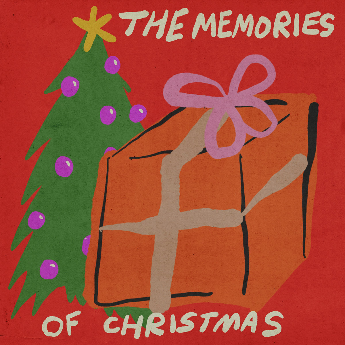 A painting of a christmas tree and a gift, with red being the dominant color.