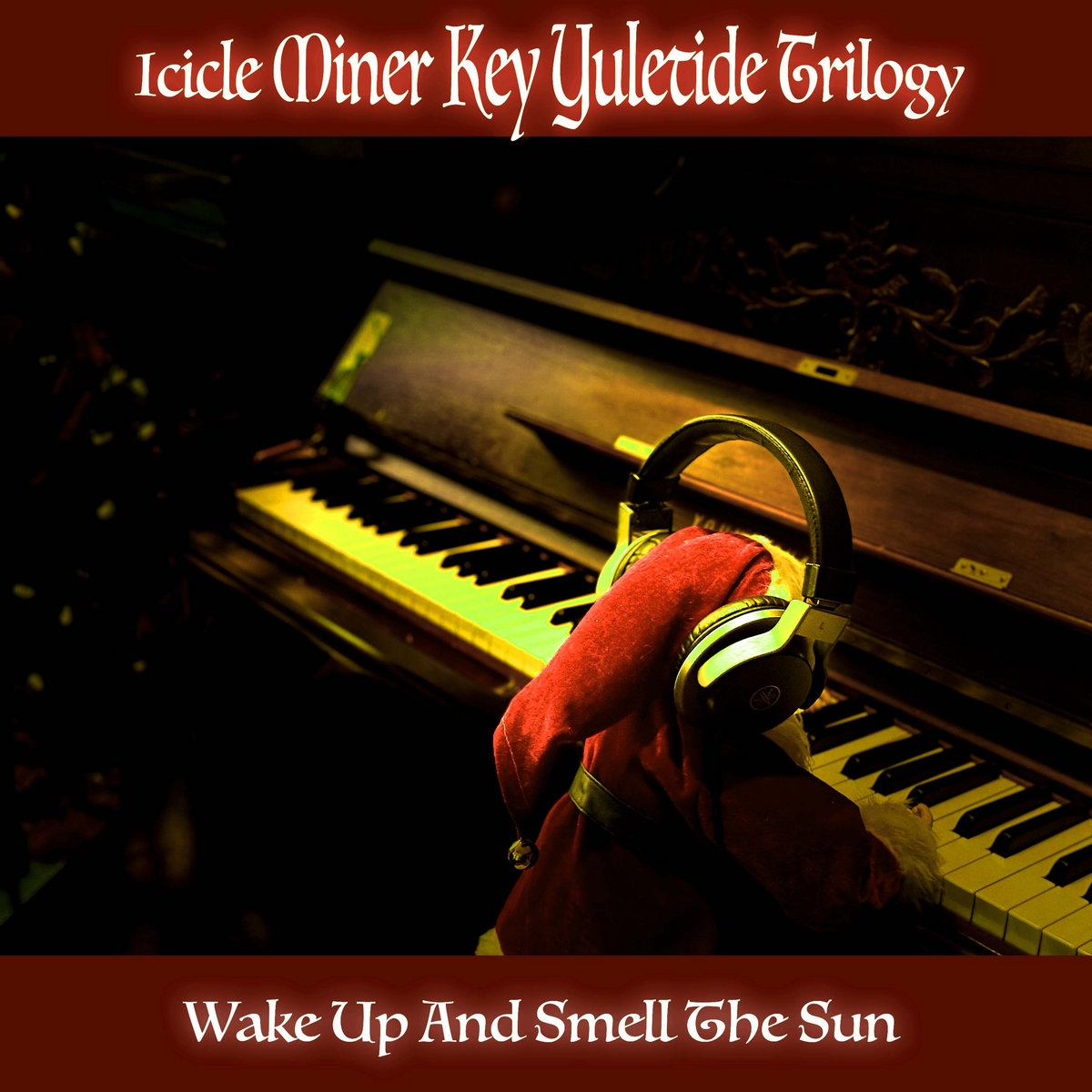 A puppet sits at a piano in a dimly lit room.