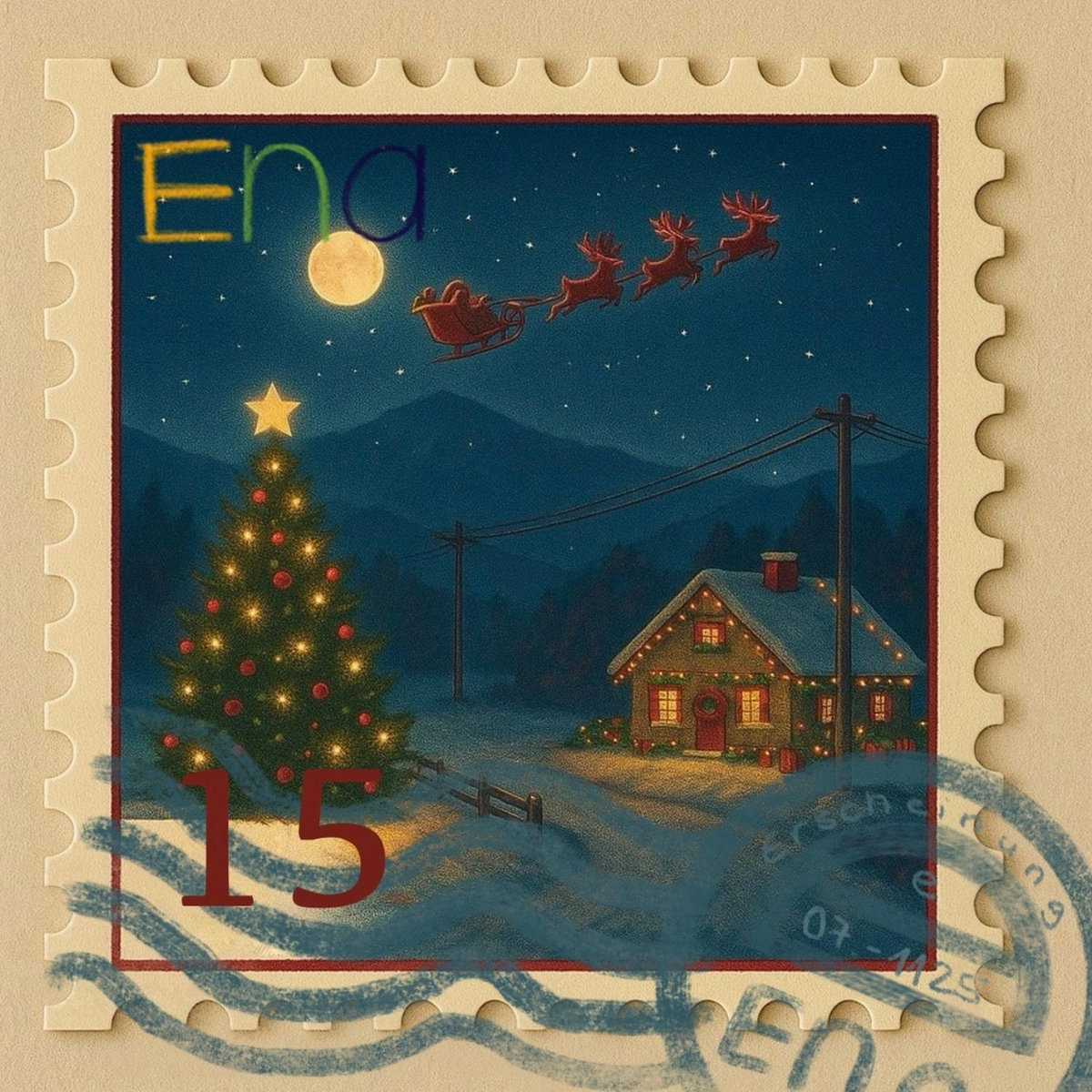 a postage stamp with a holiday scene - a christmas tree on the left, a warmly lit house to the right, and santa and his sleigh flying above.