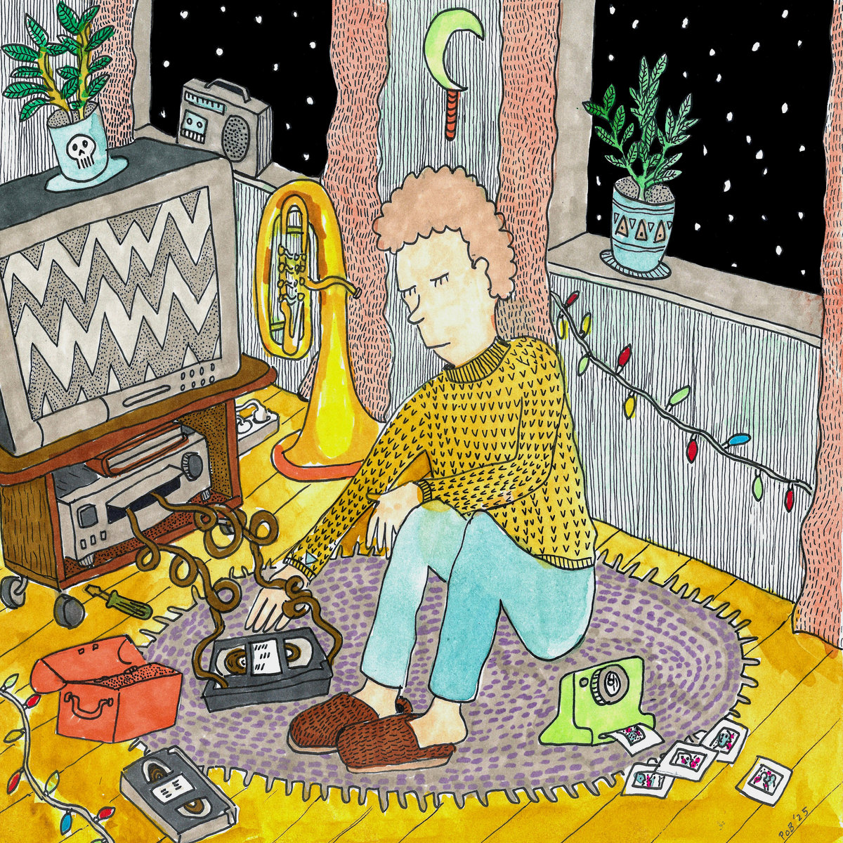 A cartoon of a man sitting on a circular carpet listening to music.