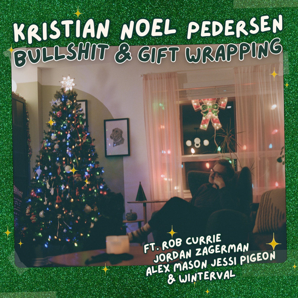 A photo of a christmas tree, and a man sitting in a chair looking at the light up tree.