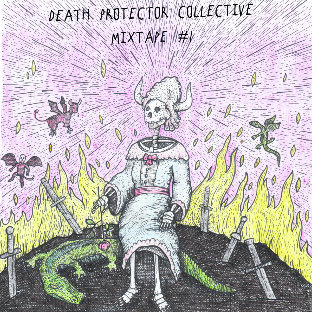 The image is a drawing of a skeleton wearing a dress annd a hat with horns. Devils fly around the skeleton and flames rise in the background. An alligator and 5 swords litter the ground.